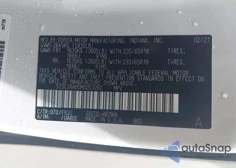 2021 Toyota Highlander L z USA, uszkodzony, nr VIN 5TDCZRAH5MS053260